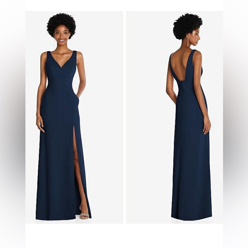 After Six Deep Navy V-Neck Maxi Gown with Side Slit